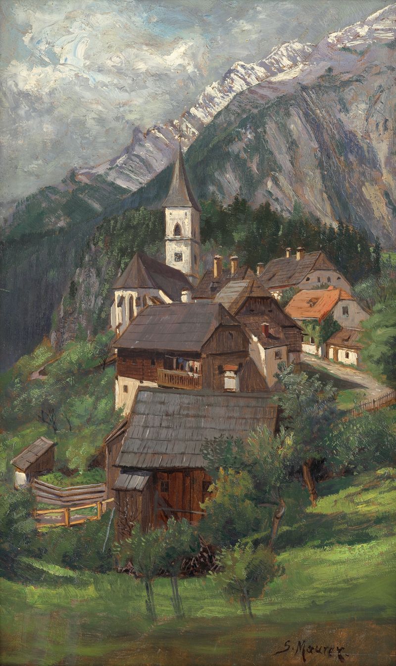 Village in the mountains by Serafin Maurer, Post-Impressionism