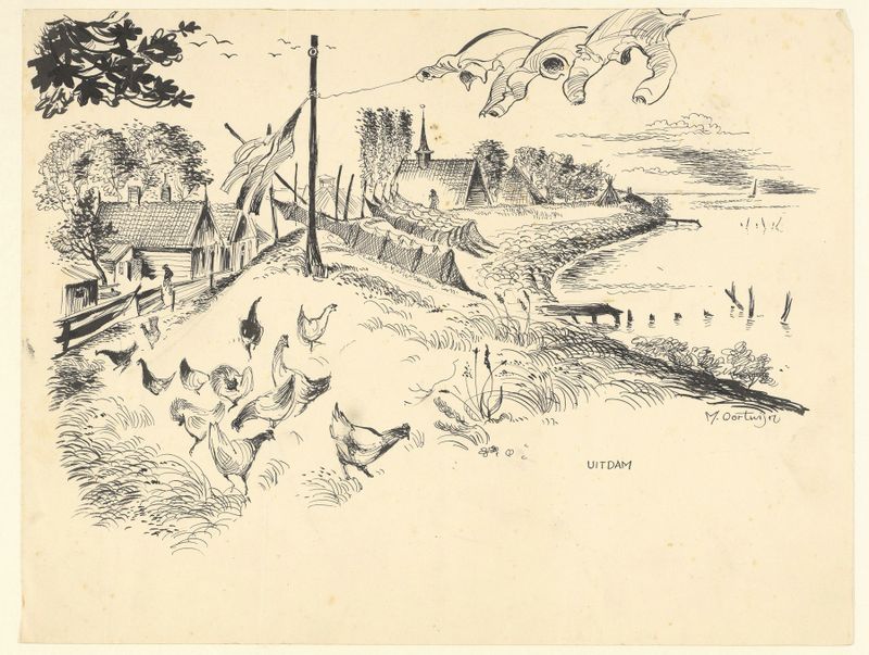 Paisaje de Gezicht op Uitdam de Maarten Oortwijn, pintura al óleo que representa una escena holandesa tranquila.
