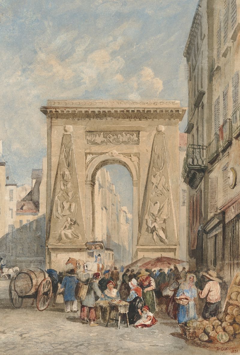 Aquarela de David Cox representando Porte Saint Denis em Paris com um céu ao pôr do sol.