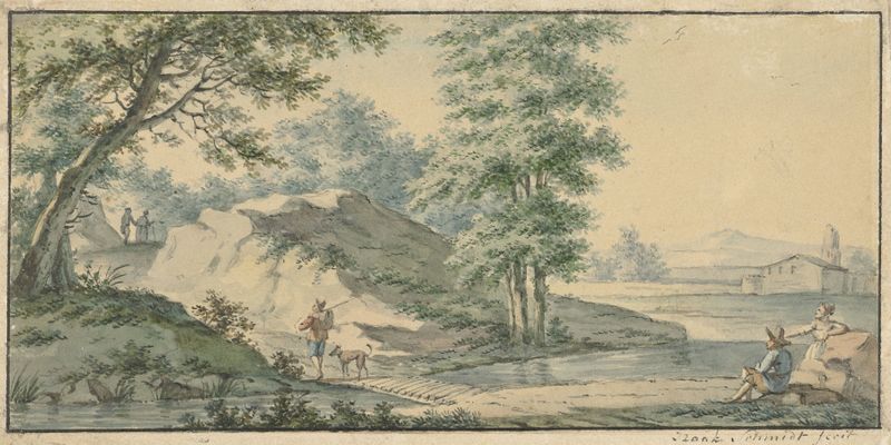 Landschap met bruggetje by Izaak Schmidt, oil on canvas depicting a bridge over a stream.