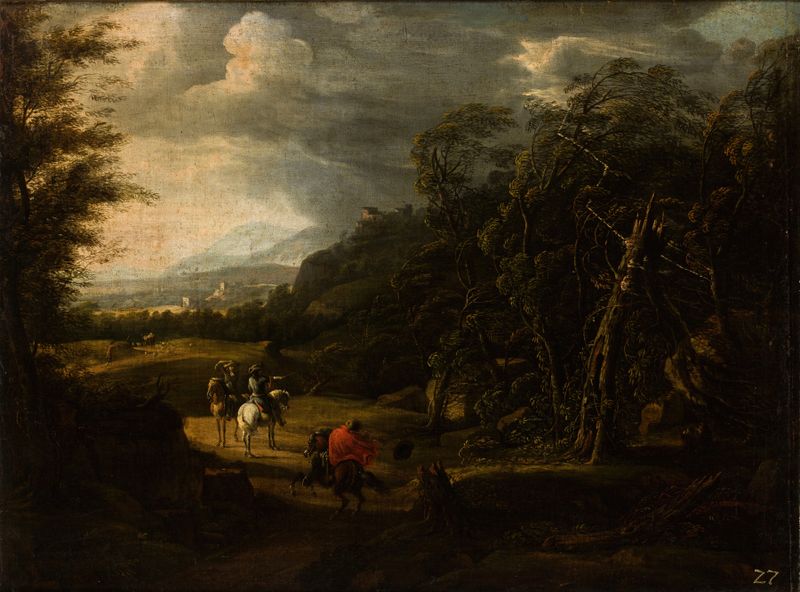 Landscape with Horsemen, oil painting by Wilhelm von Bemmel, depicting two horsemen in a vast terrain.