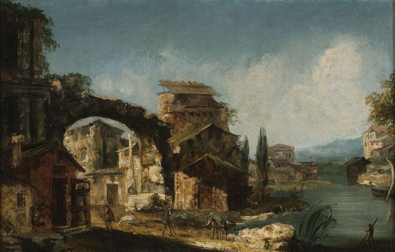 Landscape with ruins by Michele Marieschi, oil on canvas featuring crumbling structures and nature.