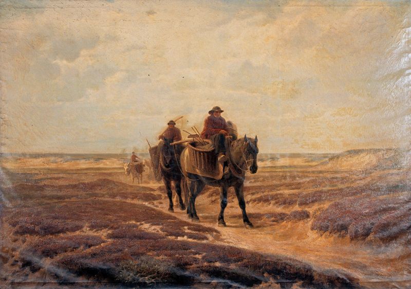 Garnaalvissers de Edmond de Pratere, realismo, muestra pescadores al atardecer