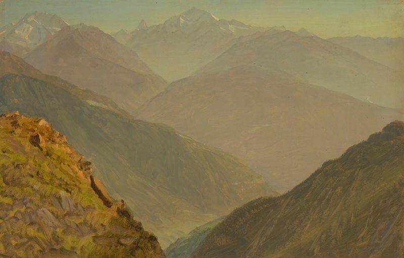 The Watzmann and Goell, óleo sobre tela de Frederic Edwin Church, apresenta montanhas íngremes e nuvens dramáticas.