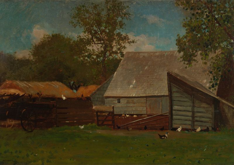 Granja con Patos y Gallinas de Winslow Homer, óleo que muestra patos y gallinas en un entorno rural