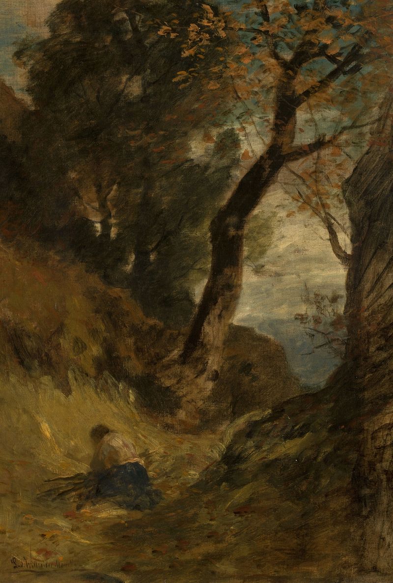 Autumn landscape oil painting by Ludwig Willroider depicting golden trees.
