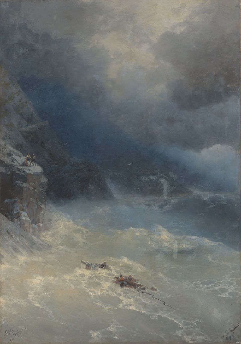A Tempestade no Cabo Aya, pintura a óleo de Ivan Aivazovsky, retratando um mar tempestuoso e nuvens escuras.