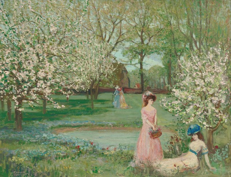 The Howe In Spring by Charles Conder, depicting a lush landscape with a stream, oil painting.
