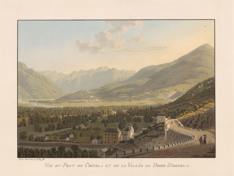 Oil painting by Gabriel Lory the Younger depicting a bridge over a river and mountains.