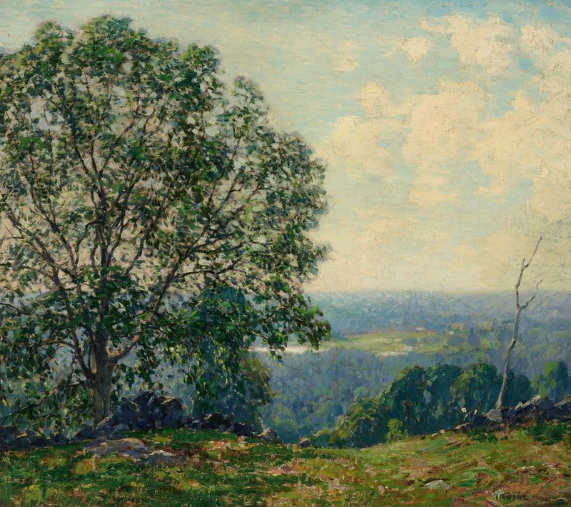 Oil on canvas by Wilson Henry Irvine depicting trees on a hillside overlooking a valley.