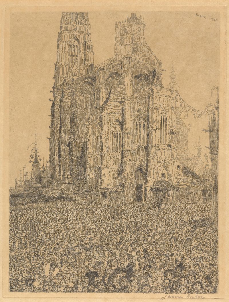 De kathedraal de James Ensor, pintura al óleo que representa una catedral con detalles intrincados y luz.