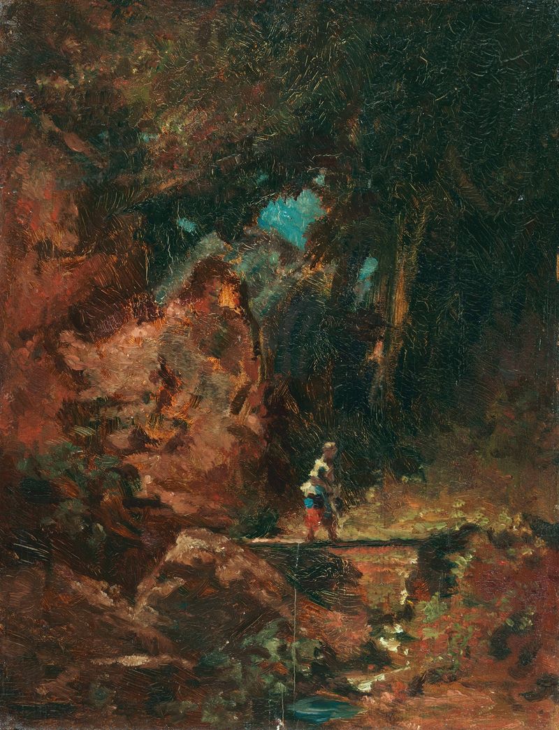 Escena de género de una mujer en un puente en la naturaleza de Carl Spitzweg, pintura al óleo