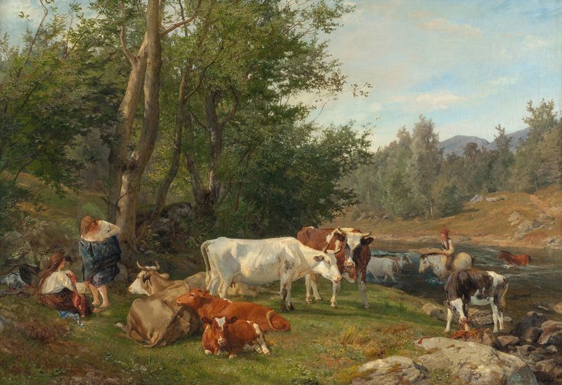 Landscape with Cattle by Anders Askevold, oil on canvas depicting a rural scene with cattle.