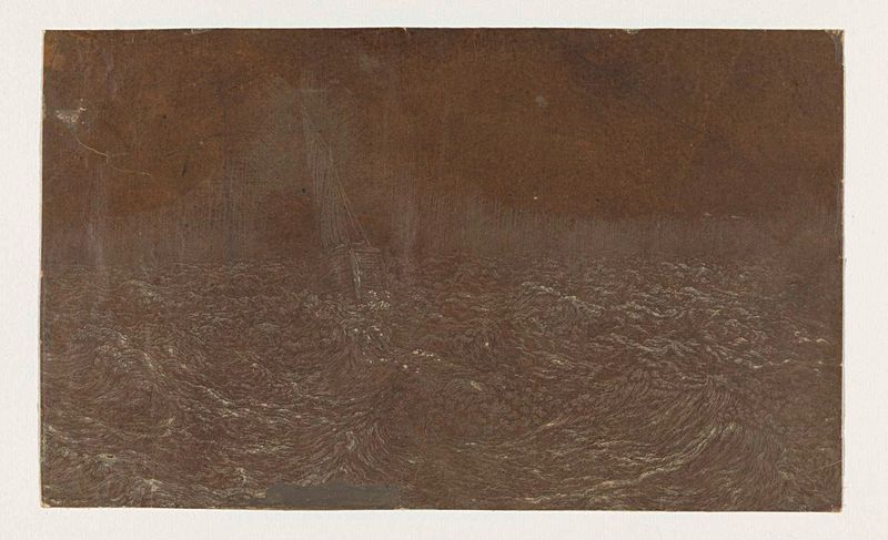 Gravura de Hercules Segers mostrando um pequeno navio em mar agitado.