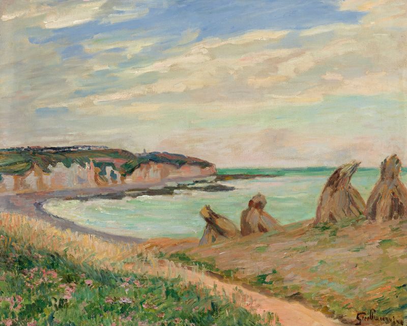 Paisagem costeira com céu azul e nuvens de Armand Guillaumin, pintura a óleo