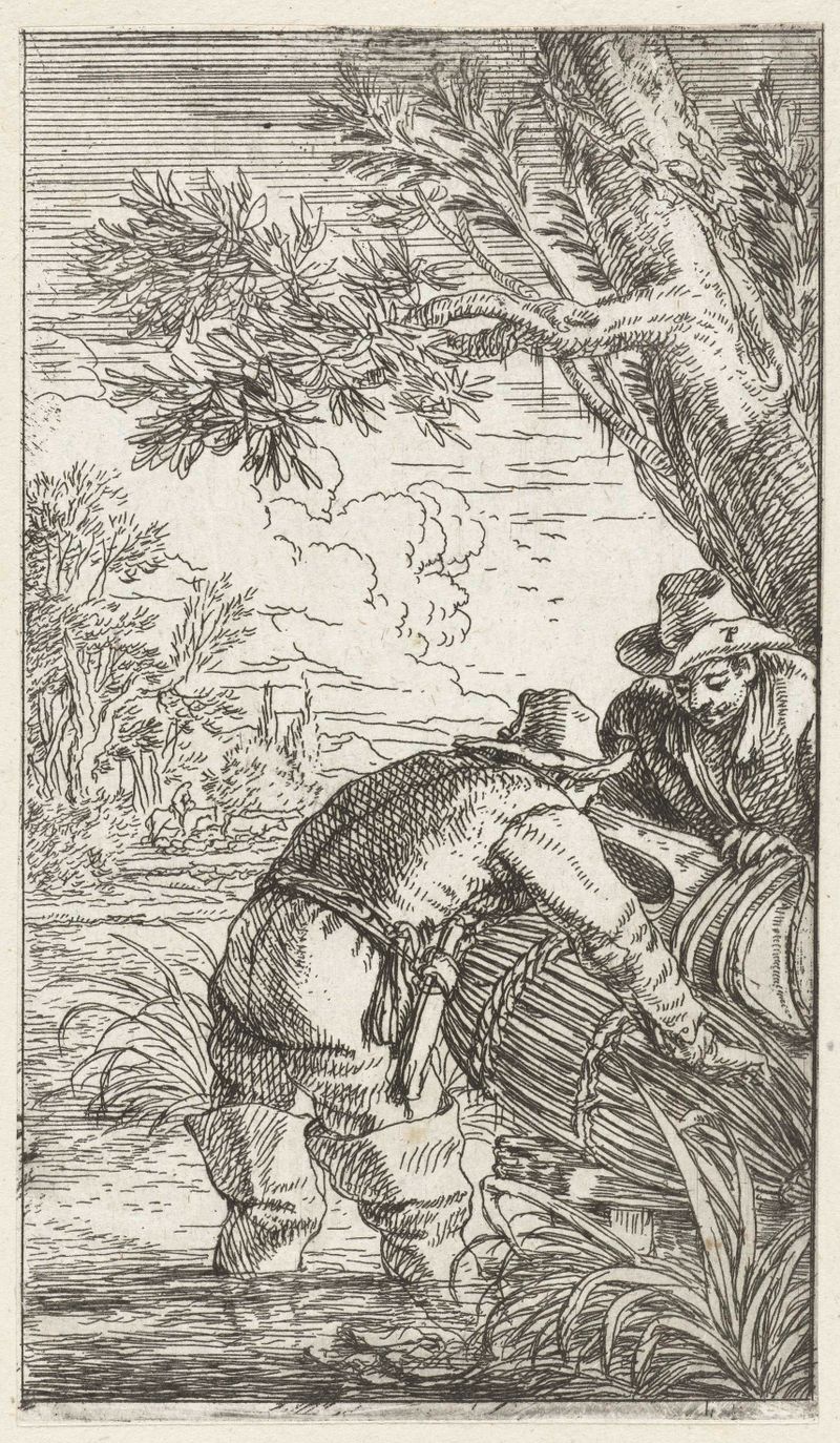 Twee vissers met een fuik, etching by Jonas Umbach depicting two fishermen mending their nets.