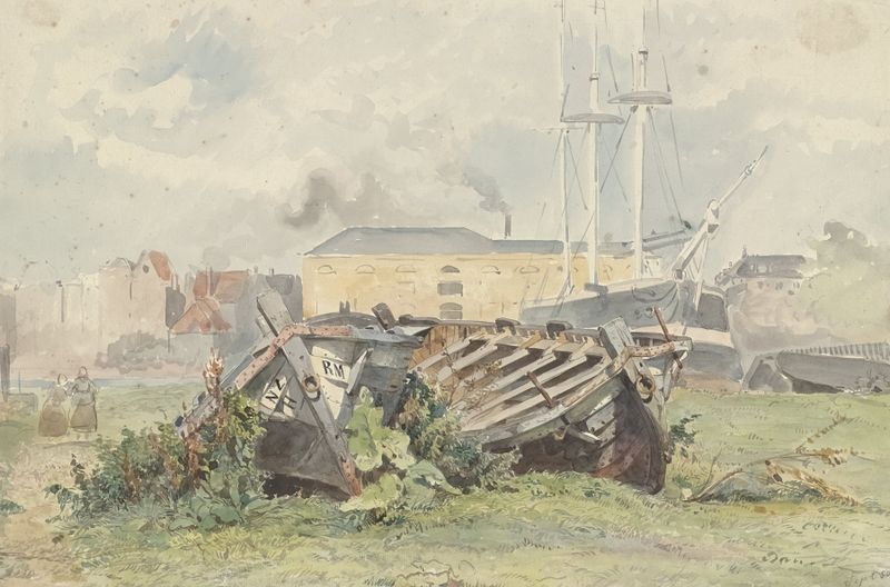 Scheepswerf de Willem Anthonie van Deventer, óleo sobre tela mostrando trabalhadores em um estaleiro