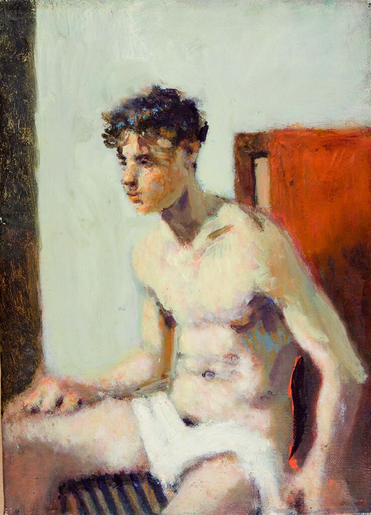 Retrato de um jovem sentado com uma mão no joelho, óleo sobre tela de Denman Waldo Ross