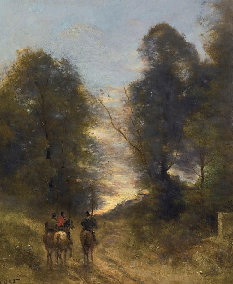 Paisagem de Jean-Baptiste-Camille Corot, pintura a óleo com cores suaves e um horizonte gentil.