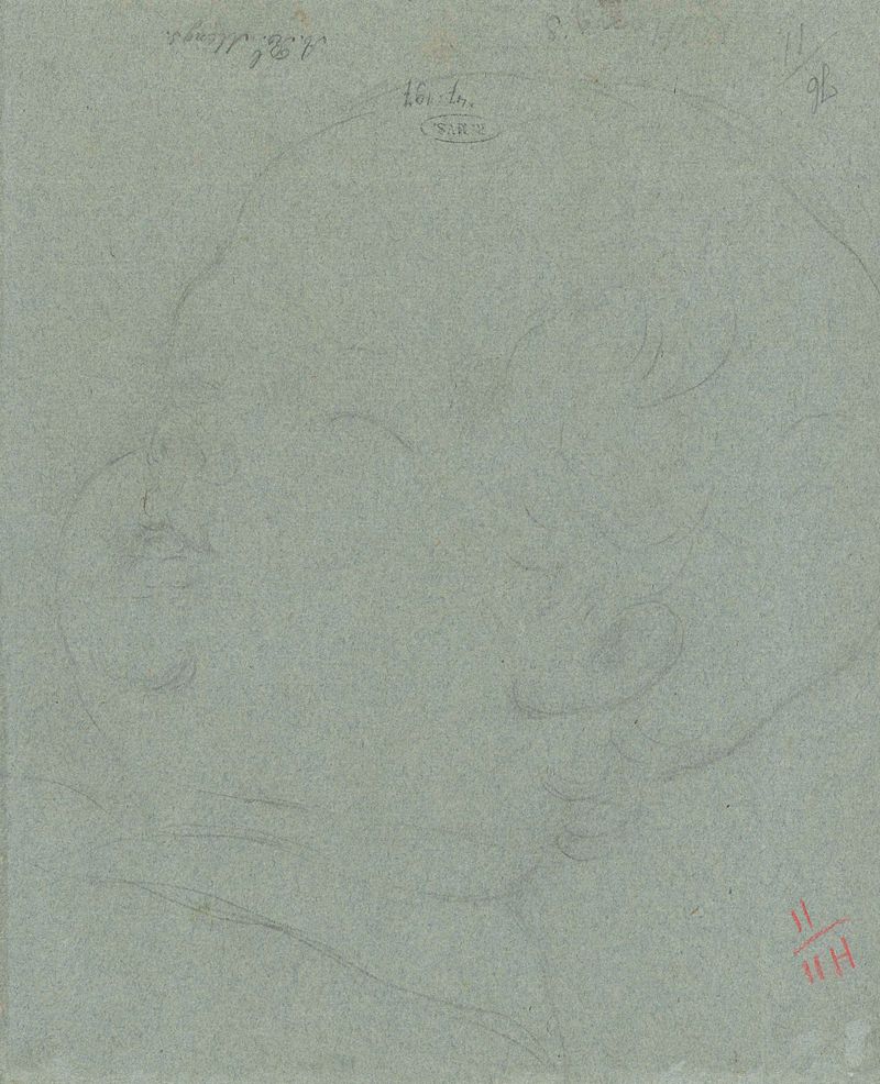 Omtrektekening van een kinderkopje by Anton Raphael Mengs, paper drawing of a child's face with delicate contours