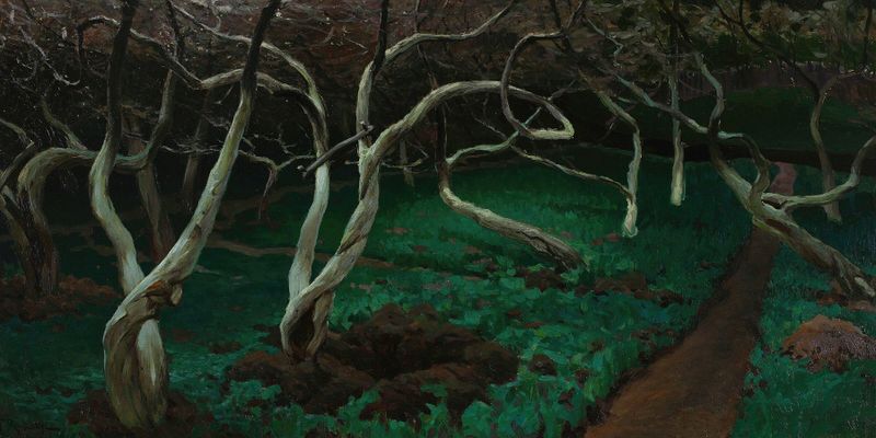 Velhas macieiras de Ferdynand Ruszczyc, pintura a óleo que retrata ramos retorcidos contra um céu luminoso.
