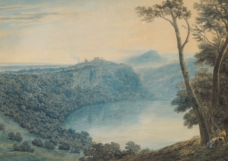 Lake Nemi landscape with reflections by John Robert Cozens, oil painting