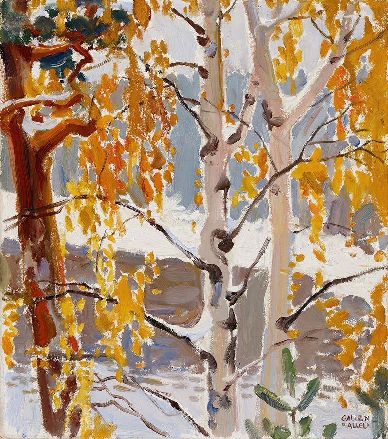 First Snow by Akseli Gallen-Kallela, oil on canvas depicting a snowy landscape with trees.