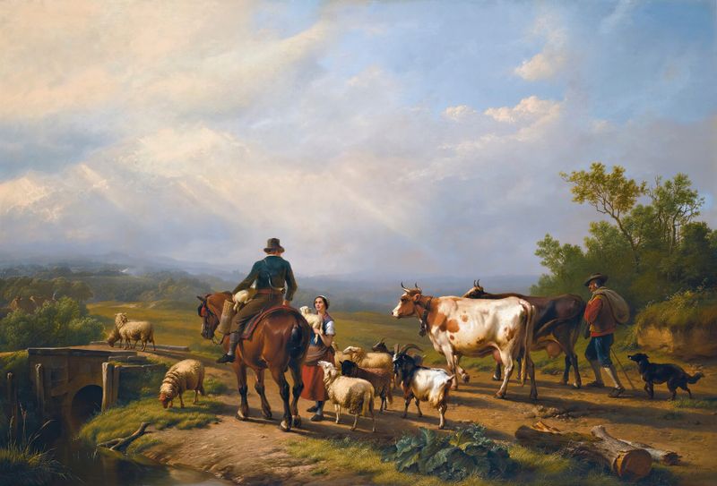 Caballero conversando con una pastora en un extenso paisaje, óleo de Eugène Joseph Verboeckhoven