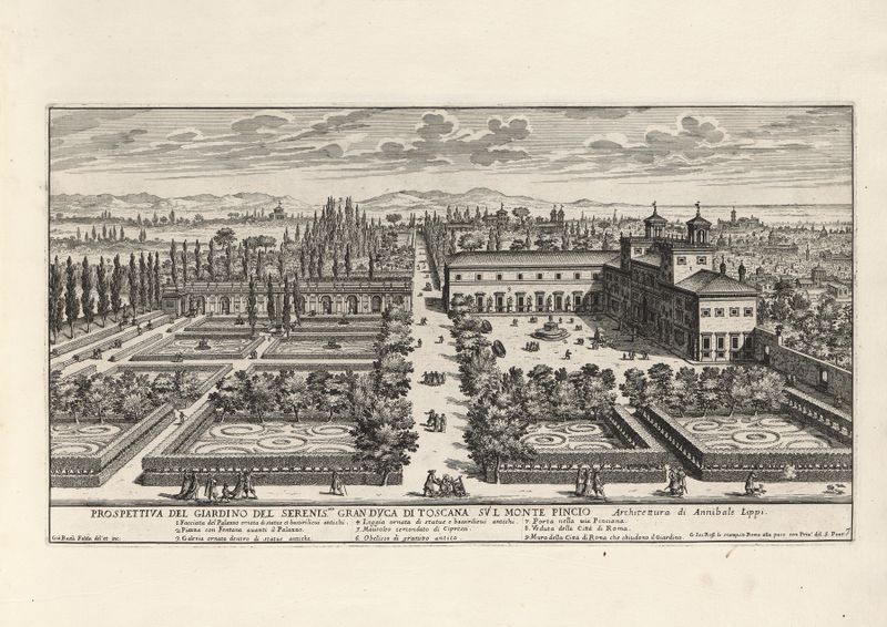 Escena botánica con jardines y arquitectura, grabado de Giovanni Battista Falda.