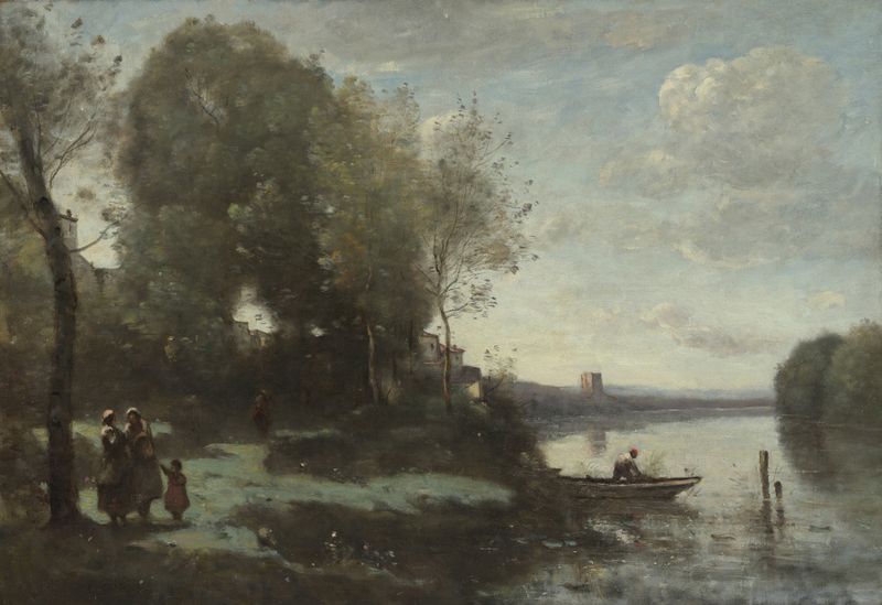 Río con una Torre Lejana, óleo sobre lienzo de Jean-Baptiste-Camille Corot