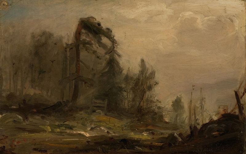 Paisagem florestal nevoenta de Amaldus Nielsen, óleo sobre tela
