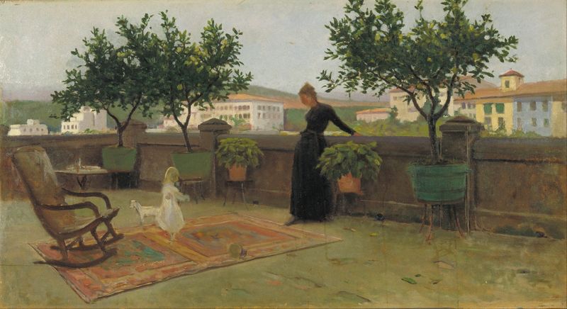 Terrace de Joaquim Vayreda, óleo sobre lienzo que muestra luz moteada en una terraza.
