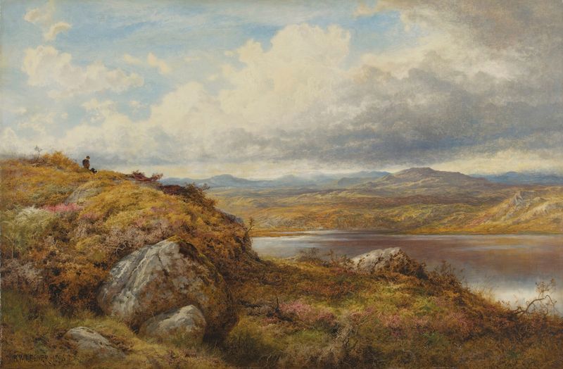 Landscape of rolling hills in oil on canvas by Benjamin Williams Leader