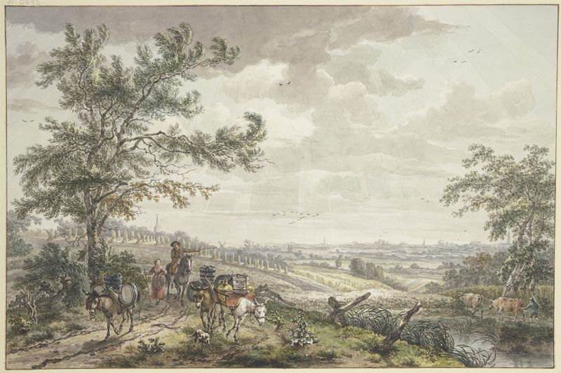 Landscape with pack donkeys on a slope, oil on canvas by Egbert van Drielst