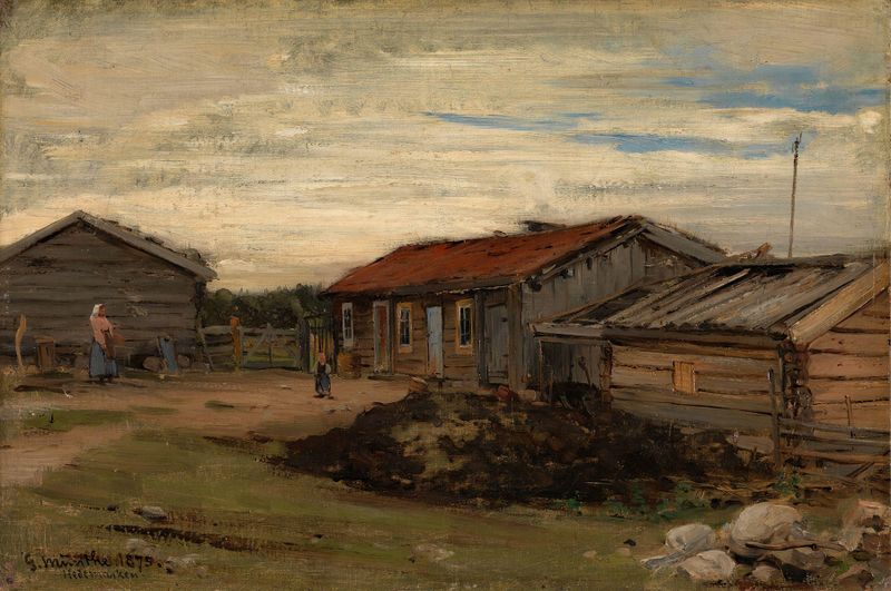 Country Courtyard de Gerhard Munthe, retratando um pátio pitoresco com luz do sol sobre os paralelepípedos.