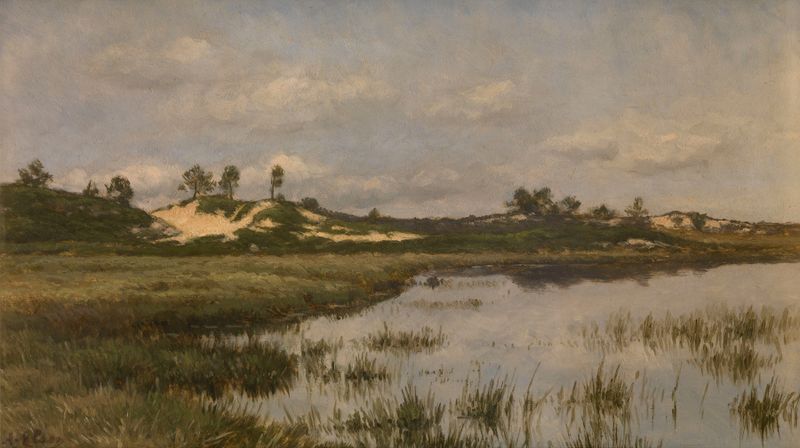 Lush marshland with vibrant greens and blues, oil painting by Alfred Elsen