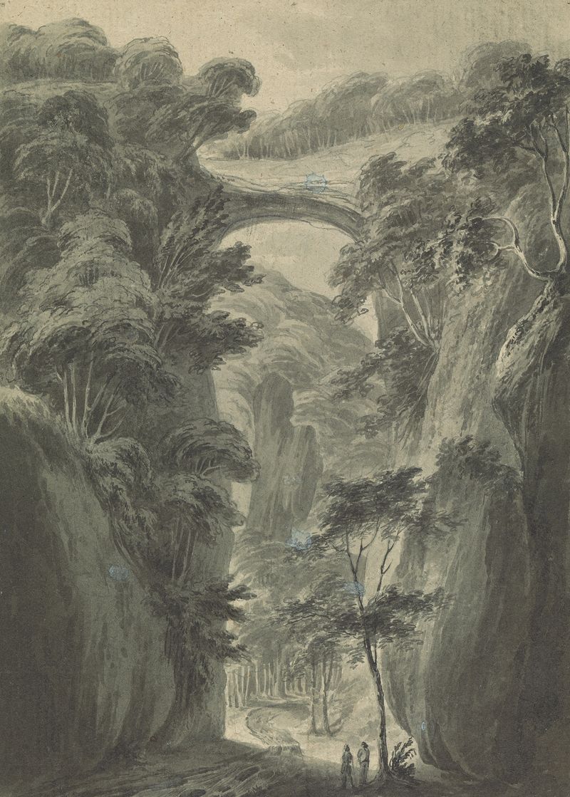Paisagem com uma ponte de rocha, pintura a óleo de Isaac Weld