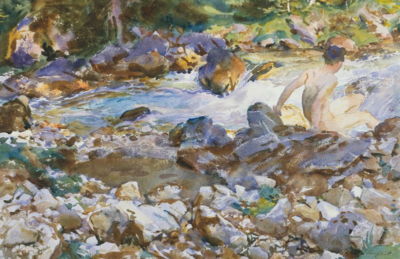 Mountain Stream de John Singer Sargent, pintura a óleo que retrata uma paisagem tranquila com água fluindo.