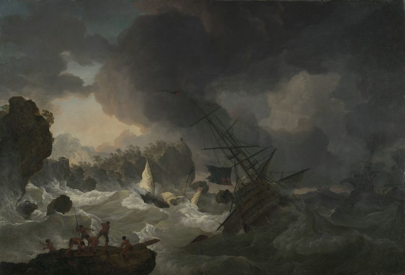 El Naufragio de Hendrik Kobell, óleo sobre lienzo que muestra un mar tempestuoso con olas rompiendo.
