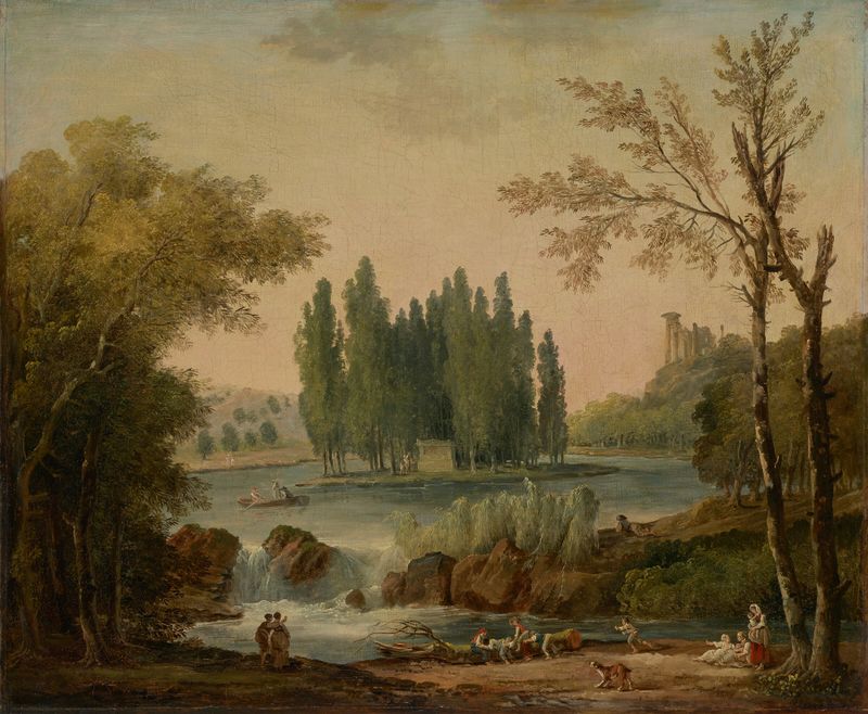 Pintura al óleo de Hubert Robert que muestra un parque con una tumba y un templo.
