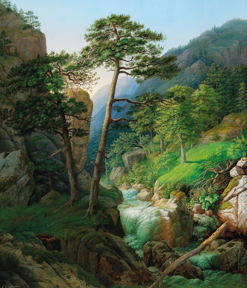 Large Landscape with Flowing Water, óleo sobre lienzo de Karl Lintzbauer que representa un río tranquilo y un bosque frond...
