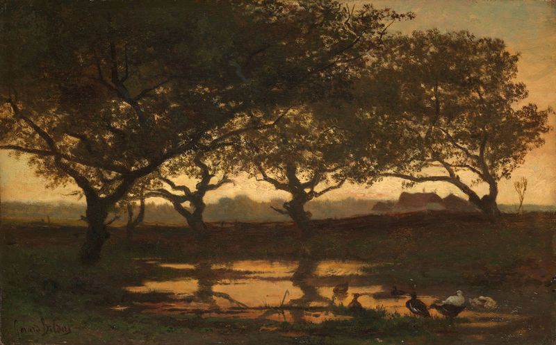 Woodland Pond at Sunset by Gerard Bilders, oil on canvas, depicting a serene sunset over a pond.