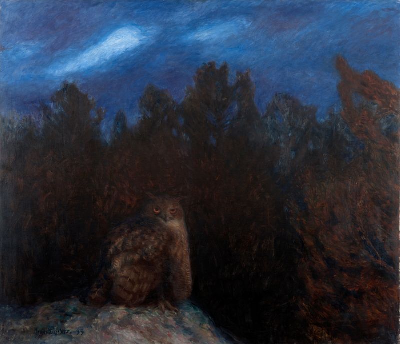 Eagle owl perched in forest, oil on canvas by Bruno Liljefors