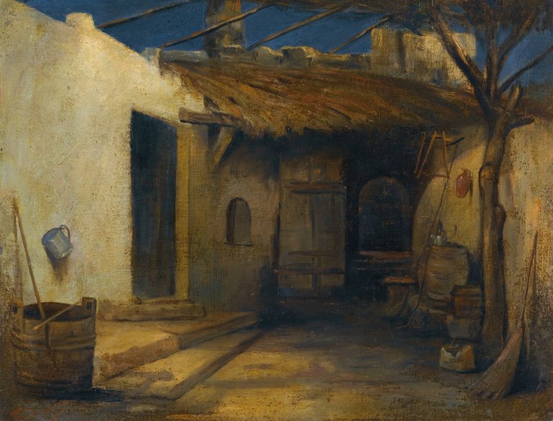 Cena interna de um pátio ensolarado de Polychronis Lembessis, óleo sobre tela