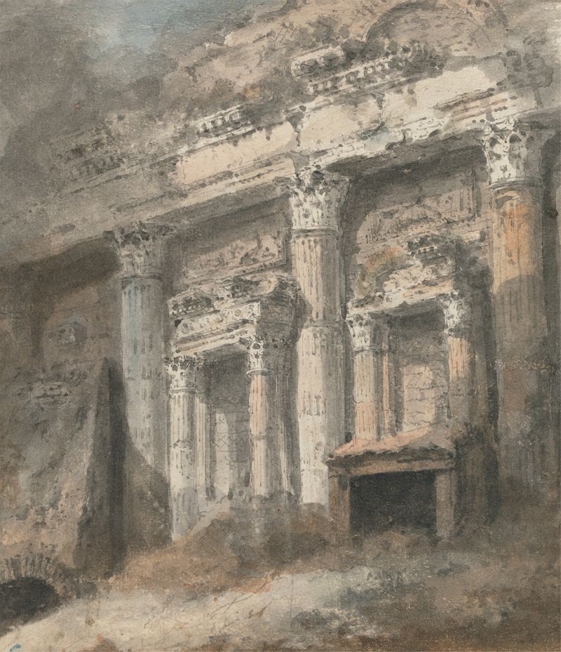 Facade of a ruined Roman temple with columns, by Heneage Finch, after 1771