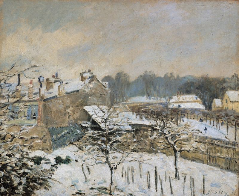 Paisagem de inverno com neve, caminho e árvores de Alfred Sisley, óleo sobre tela
