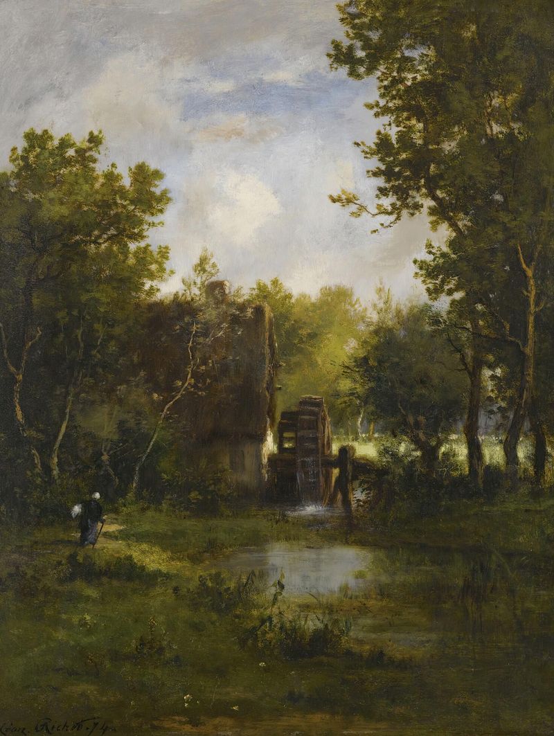 Le Moulin A Eau de Leon Richet, óleo sobre tela retratando um moinho de água cercado por vegetação e um céu azul.