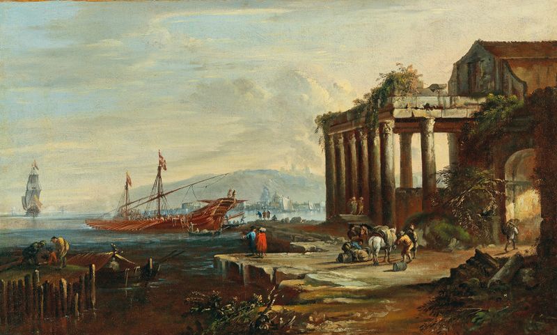 A Mediterranean harbor scene with ruins and figures, oil painting by Johann Anton Eismann.