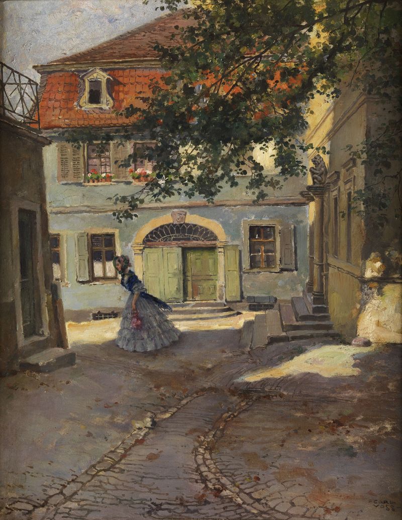 Retrato de una joven en una pintura al óleo de Carl Leopold Voss