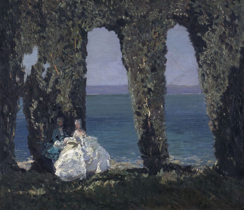 Lake Garda by Emma Ciardi, impressionism, depicting a serene lake and mountains